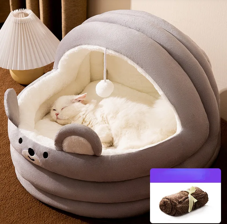 Plush Bear Cat Bed with Cozy Nest Design