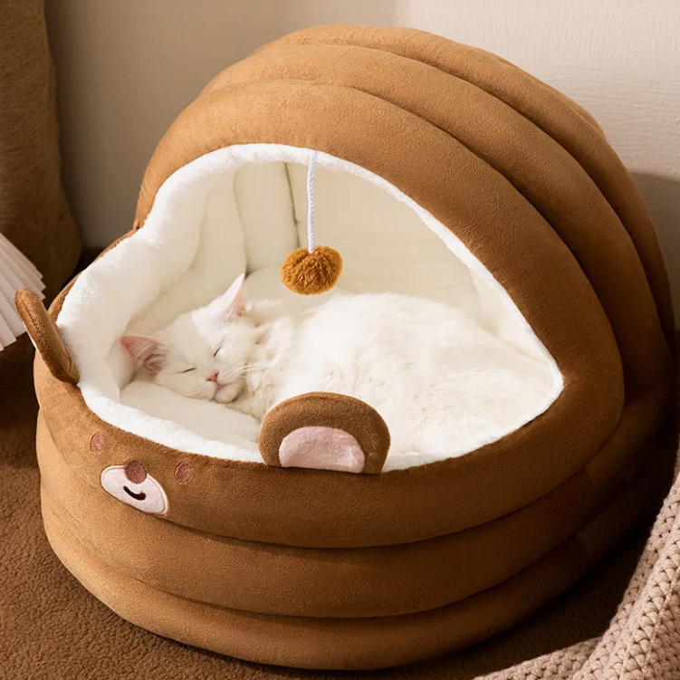 Plush Bear Cat Bed with Cozy Nest Design